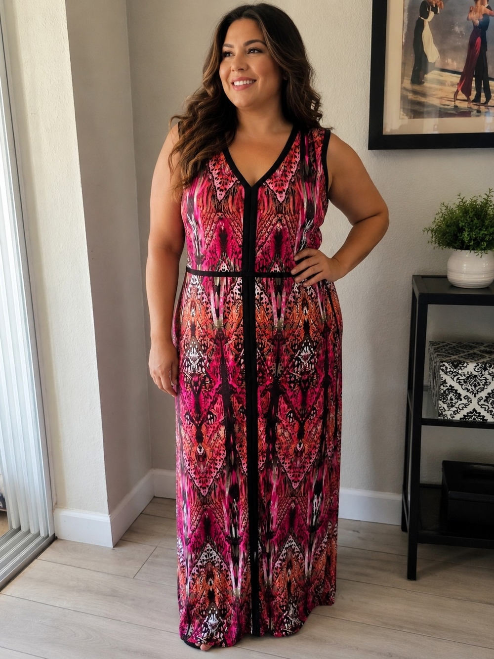 Chico's Women's Size 2 (L 12/14) Pink Abstract Print Sleeveless Maxi Dress